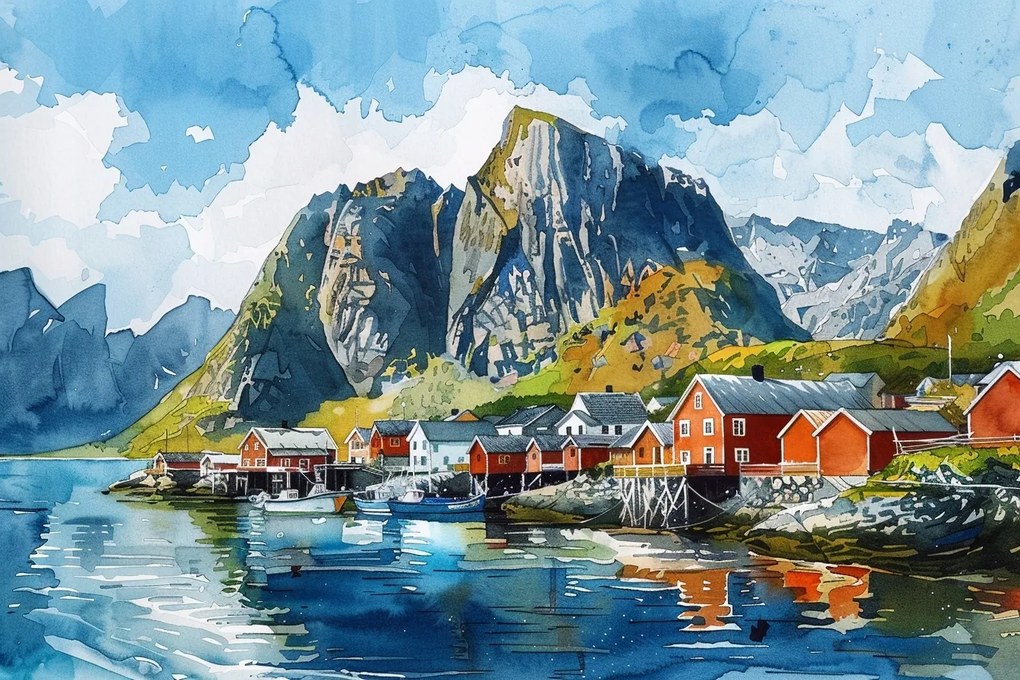 Vászonkép Canvas Norvégia Fjordok Hegyek Lofotok Házak Akvarell 120x80