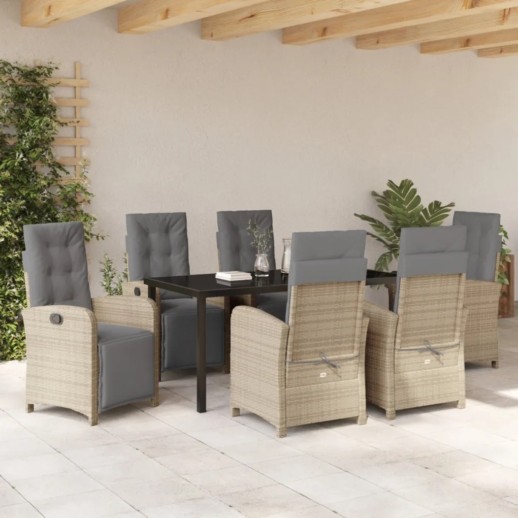 7 Darabos Kerti Étkezősor Párnákkal Bézs Poli Rattan, Kerti Asztal Fekete 160x80x73 cm Edzett Üveg