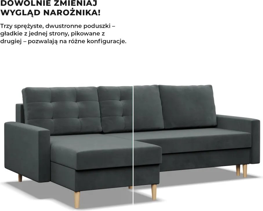Etna sarokkanapé, 1 ágyneműtartóval, bársony, univerzális oldal, bonell töltet, szürke
