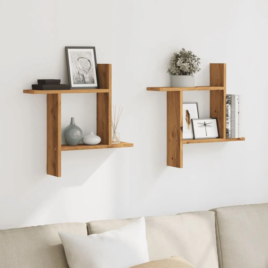 2 db kézműves tölgy színű szerelt fa fali polc 50 x 12 x 50 cm