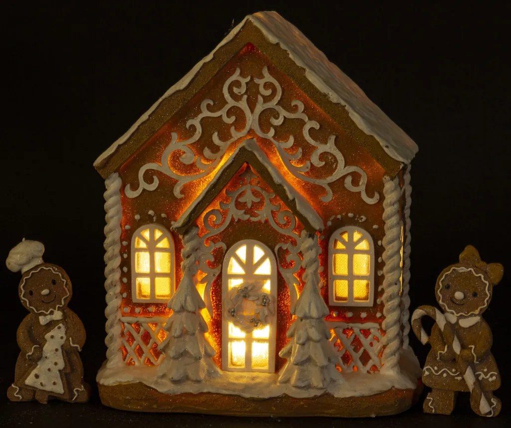 LED-es karácsonyi mécsestartó mézeskalács barna házikó fenyőfával havas tetővel mézeskalács figurákkal asztali dekoráció 23x19x12cm