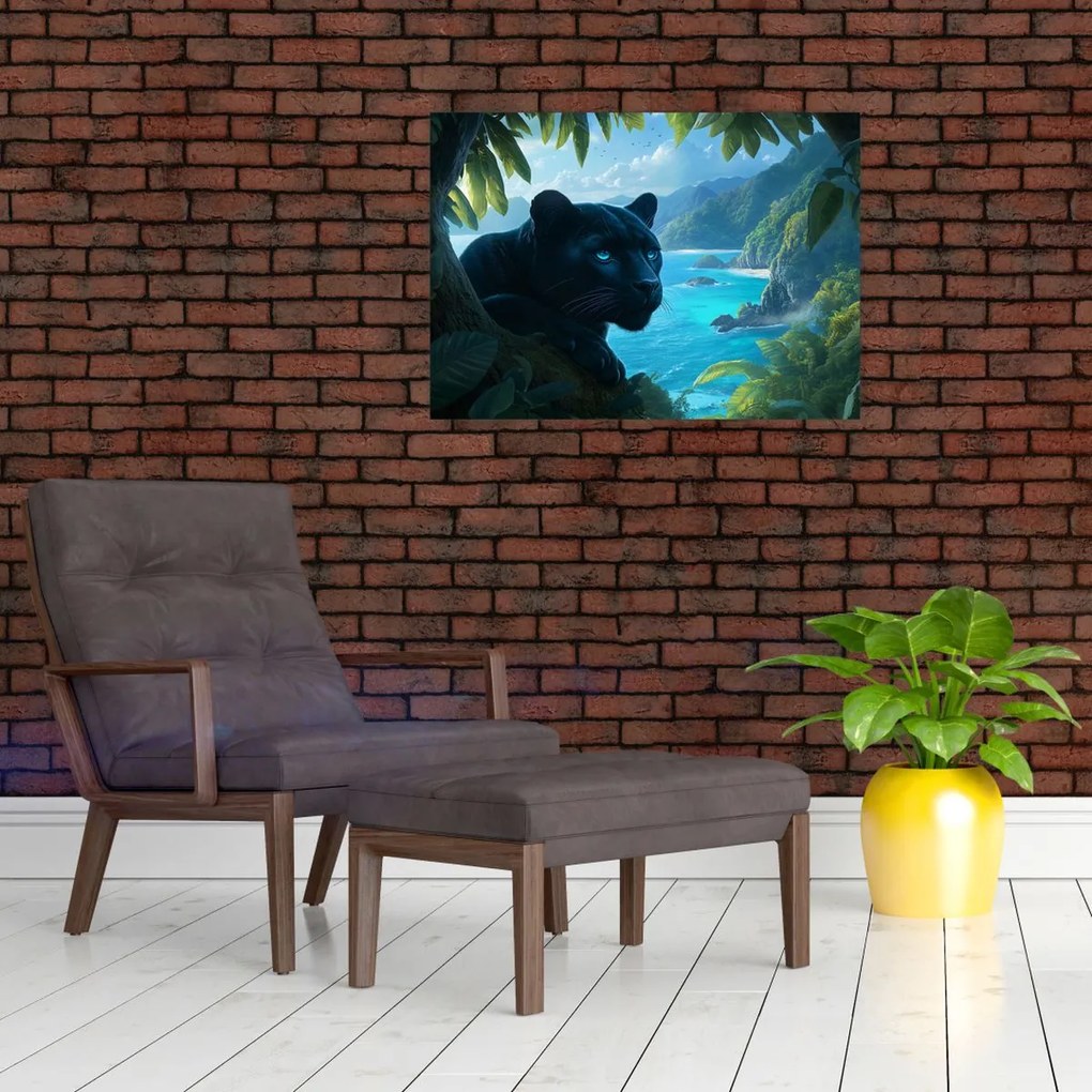 Üveg kép - Fekete párduc a dzsungelben (70x50 cm)