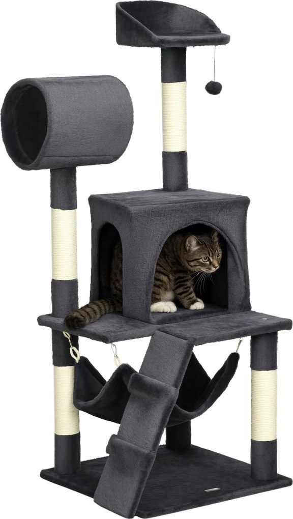 PawHut Forgácslapból Készült Macska Fa, Plüss és Zsineg Kaparóval, Macska Házzal, Hintaággyal, Ággyal, Túnellel és Játékgolyóval, 48x48x125cm, Sötétsz