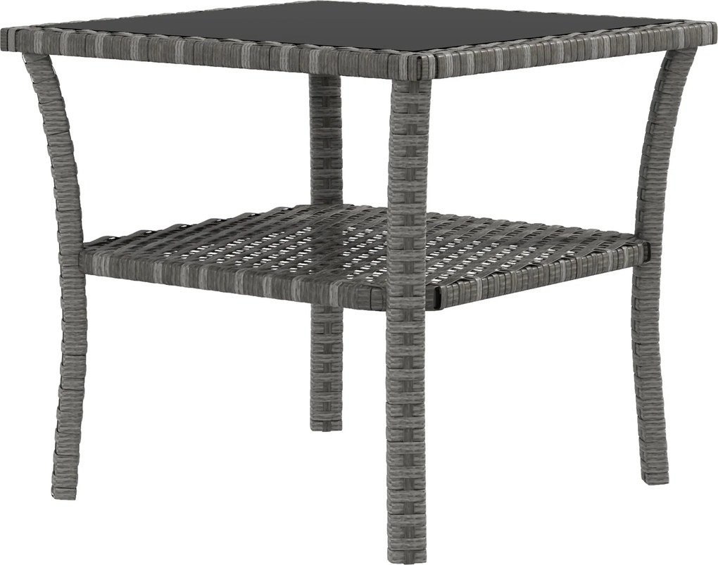 Outsunny Négyzetes Műrattan Kerti Asztal 50x50x45 cm Üveglappal és Galvanizált Acélvázzal 30 kg Teherbírással Teraszra és Sokóba - Szürke Átmenet | Ao