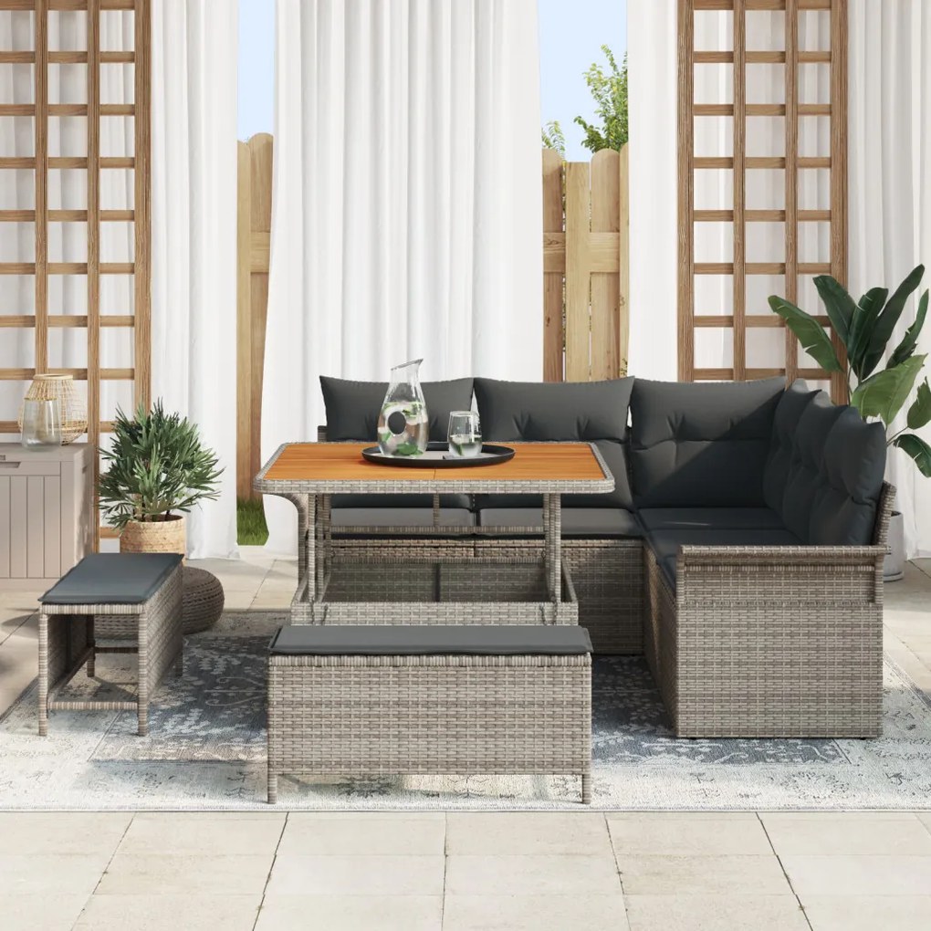 8 darabos kertibútor szett párnákkal, szürke poly rattan acacia