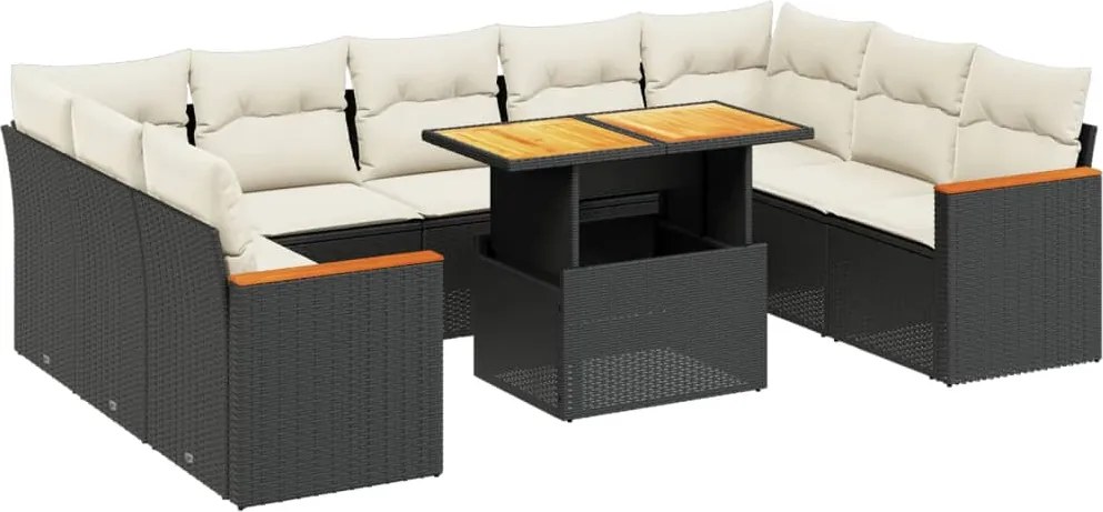 vidaXL 10 részes fekete polyrattan kerti ülőgarnitúra párnákkal