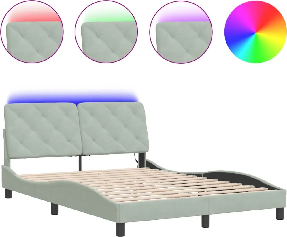 vidaXL világosszürke bársony ágykeret LED-ekkel matrac nélkül 140 x 190 cm