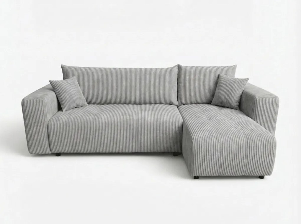 Világosszürke kinyitható sarokkanapé SORELA CORD, kétoldalas + 2 ingyenes párnácska