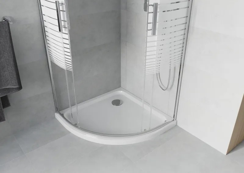 Mexen Rio félköríves zuhanykabin 90 x 90 cm, fehér csíkok, króm + Flat zuhanytálca, fehér - 863-090-090-01-20-4110