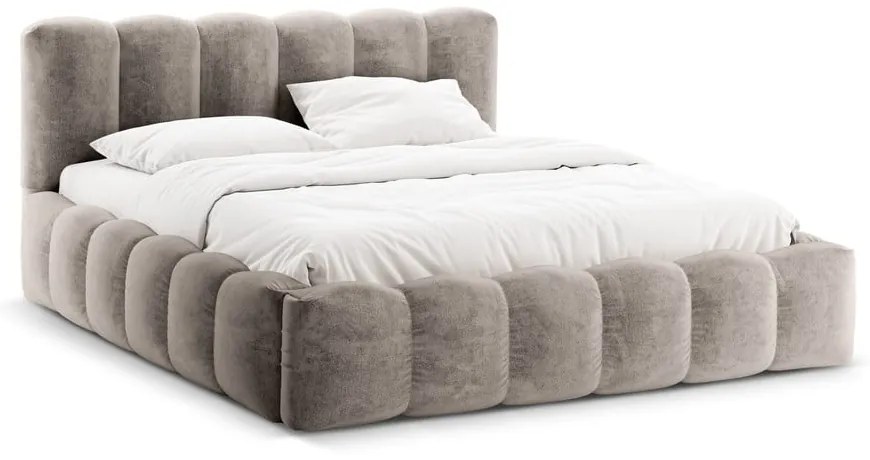 Világosbarna kárpitozott ágyneműtartós franciaágy ágyráccsal 200x200 cm Lupine – Micadoni Home