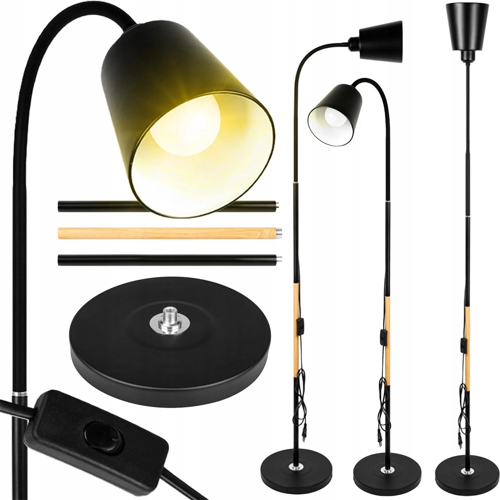 Álló LED-es padlólámpa fekete 145cm Olvasáshoz E27 állítható Fa