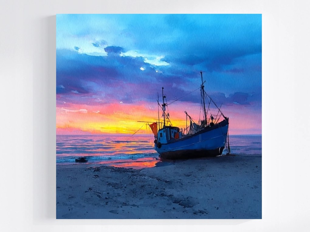 Vászonkép Canvas Tájkép Tenger Tengerpart Hajó Napnyugta 80x80