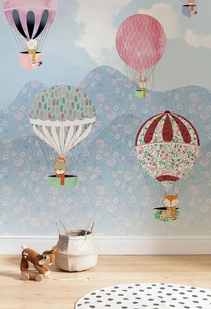 Gyerekszoba tapéta, hőlégballonok, 200x250 cm, világoskék - MONGOLFIERES