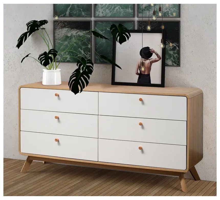 Fehér-natúr színű alacsony komód tölgyfa dekorral 150x74 cm Caitlin – Støraa