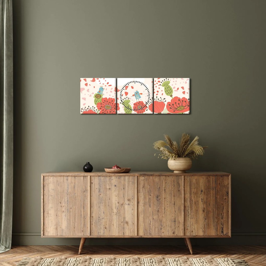 Kép - Madarak egy virágzó réten (órával) (90x30 cm)