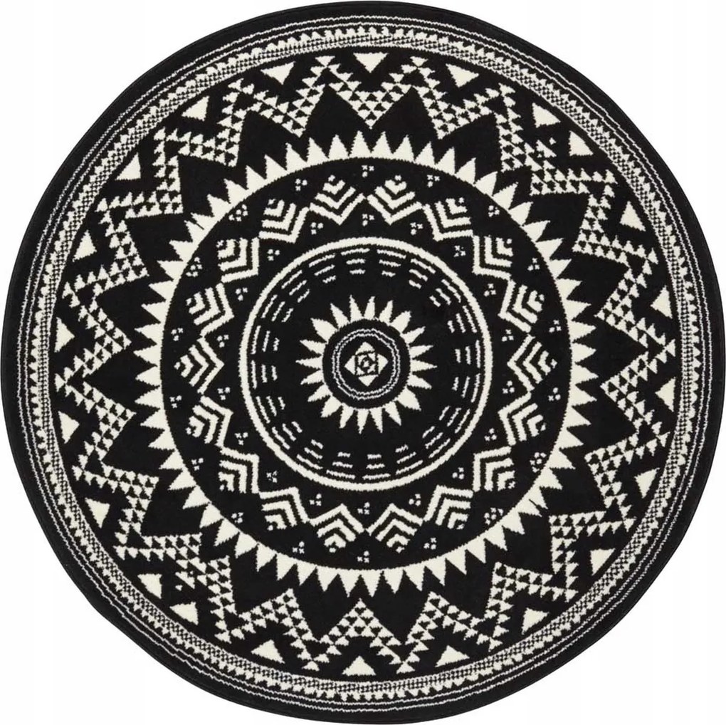 Kerek modern nappali szőnyeg,fekete-krém mintás Mandala 140cm