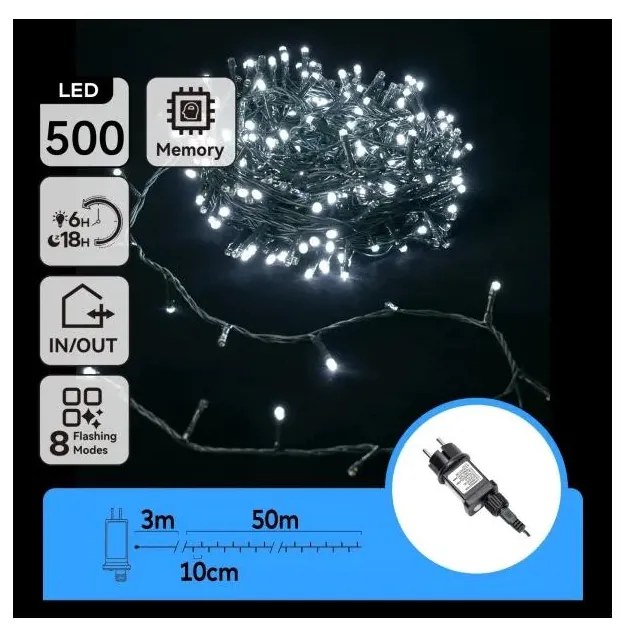Aigostar - LED kültéri karácsonyi fényfüzér, 500 LED, 8 funkciós, 53 m, IP44, hideg fehér