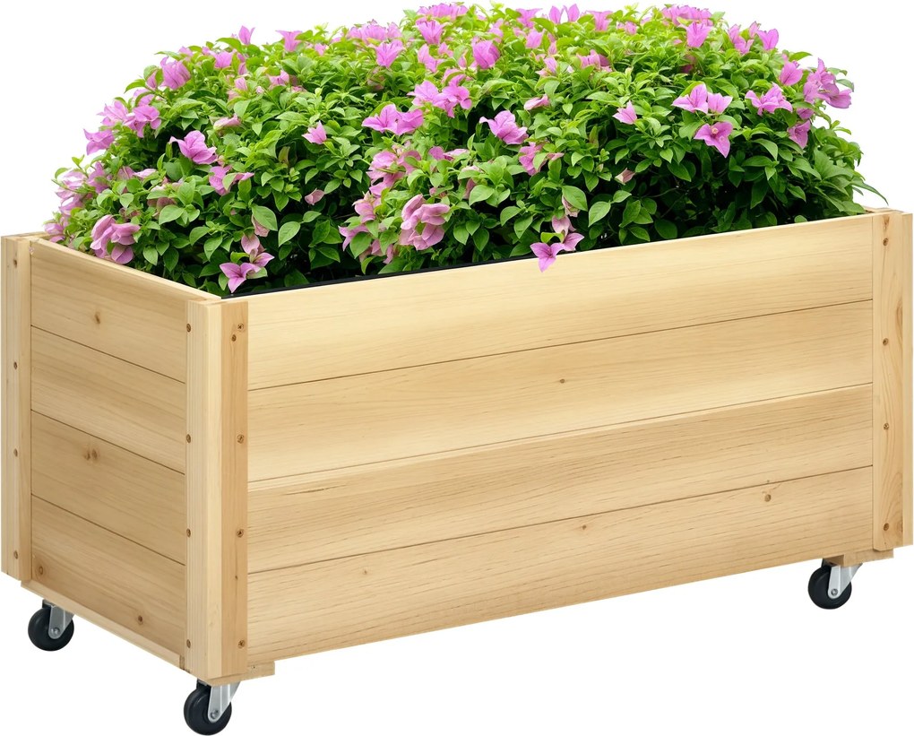 Outsunny Kerekes Fa Virágtartó Kertészeti Ültető Edény Draináló Lyukkal és Nem Szőtt Szövettel Virágok Növesztéséhez Szabadtéri Erkélyre Teraszra 89x4