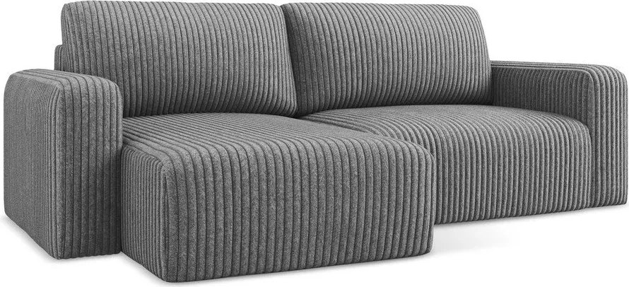Szürke kordbársony kinyitható-tárolóhelyes sarokkanapé (bal oldali-heverő résszel) Kona – Makamii