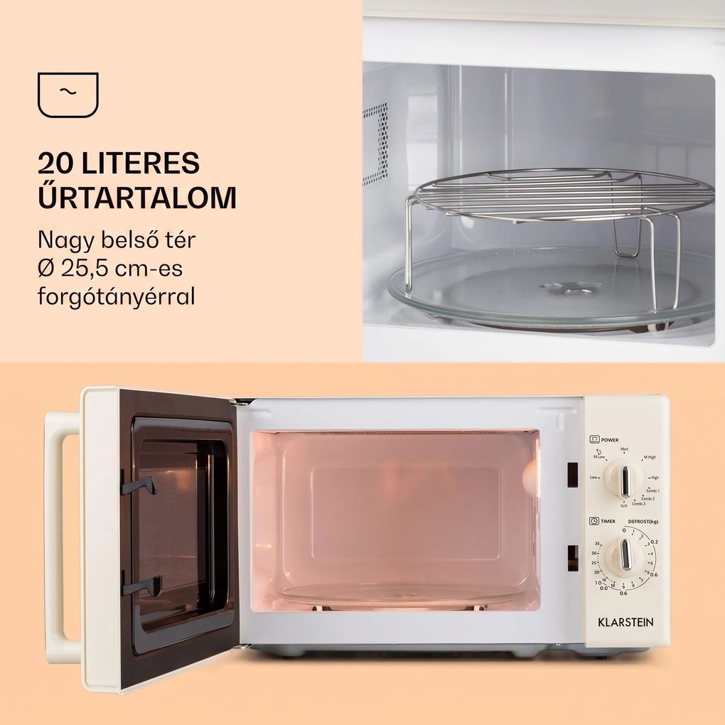 Klarstein Caroline, mikrohullámú sütő, 20 l, 700/1000 W, Ø 25.5 cm, QuickSelect, retró, krémszínű