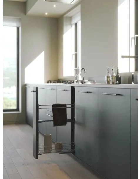 Konyhai fémrács, 150mm, bal oldalra szerelhető, króm, teljes kihúzás, csillapított záródás, rejtett fióksín, 1 kosár, konyharuha tartóval SIGE, Green ...