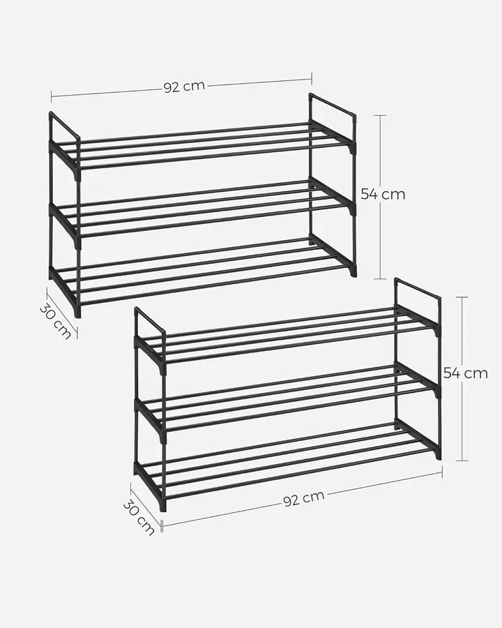 Cipőtartó 3 szintes, 2 darabos készlet, fém cipőtároló, 12–15 pár cipőhöz, fekete