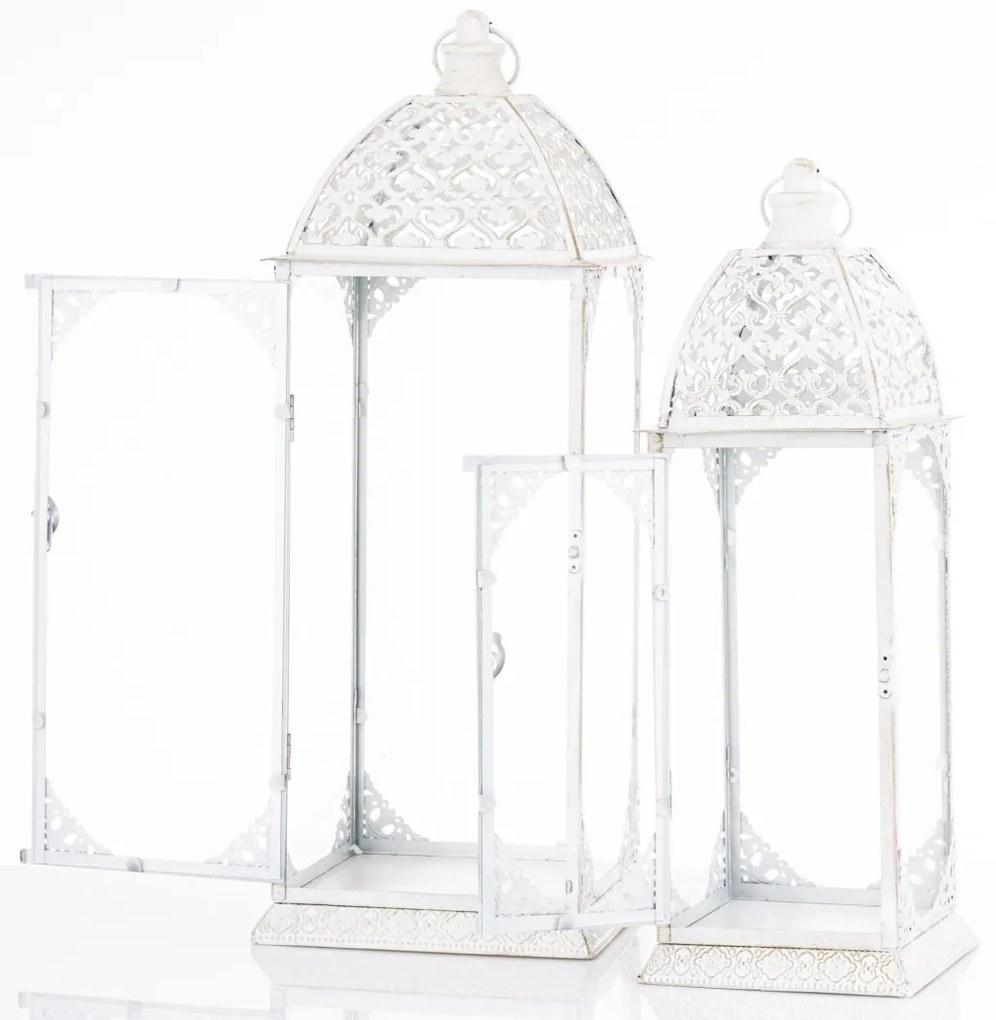 Vintage fehér szögletes 2db-os áttört fém lámpás lantern szett fogantyúval 50x17x17 / 62x22x22cm
