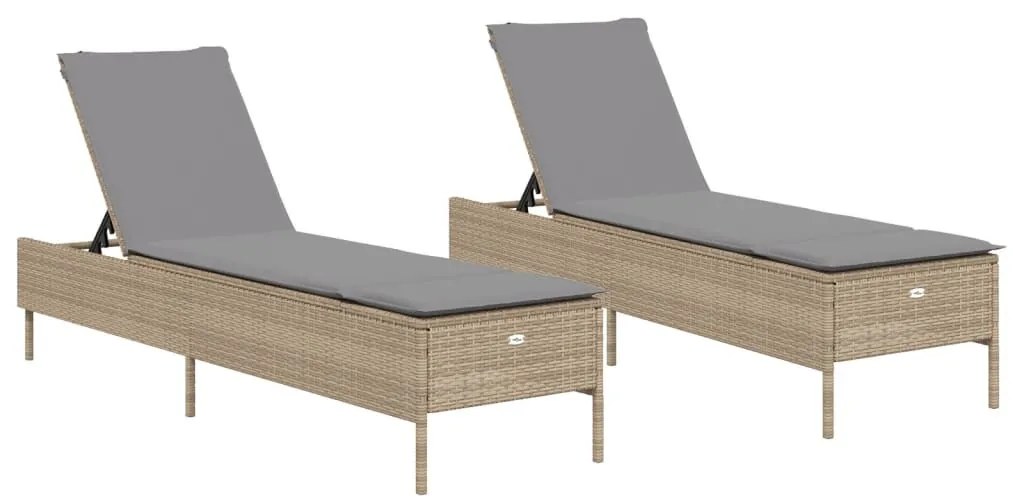 2 db bézs polyrattan napozóágy párnával