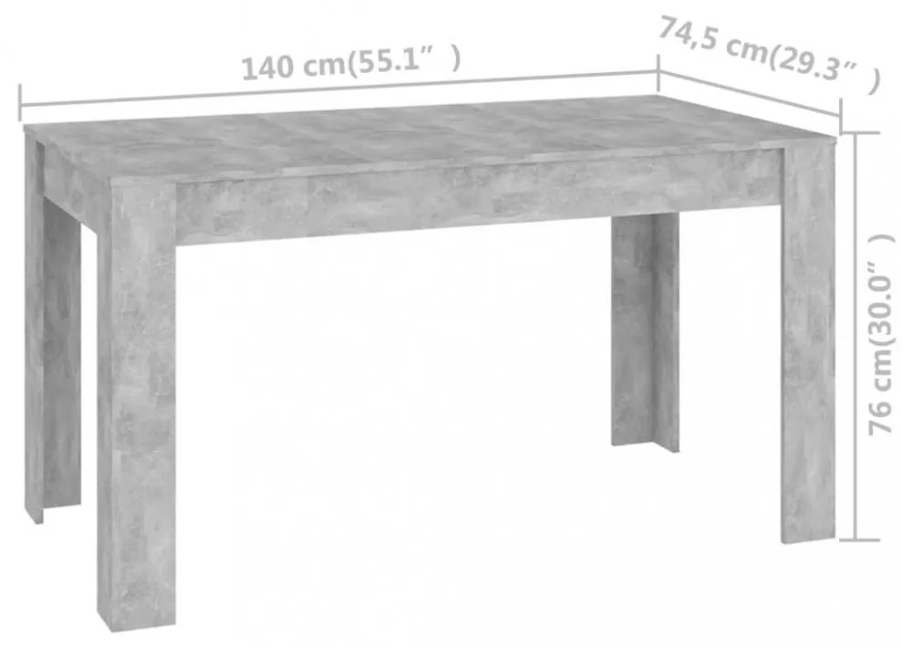 betonszürke szerelt fa étkezőasztal 140 x 74,5 x 76 cm