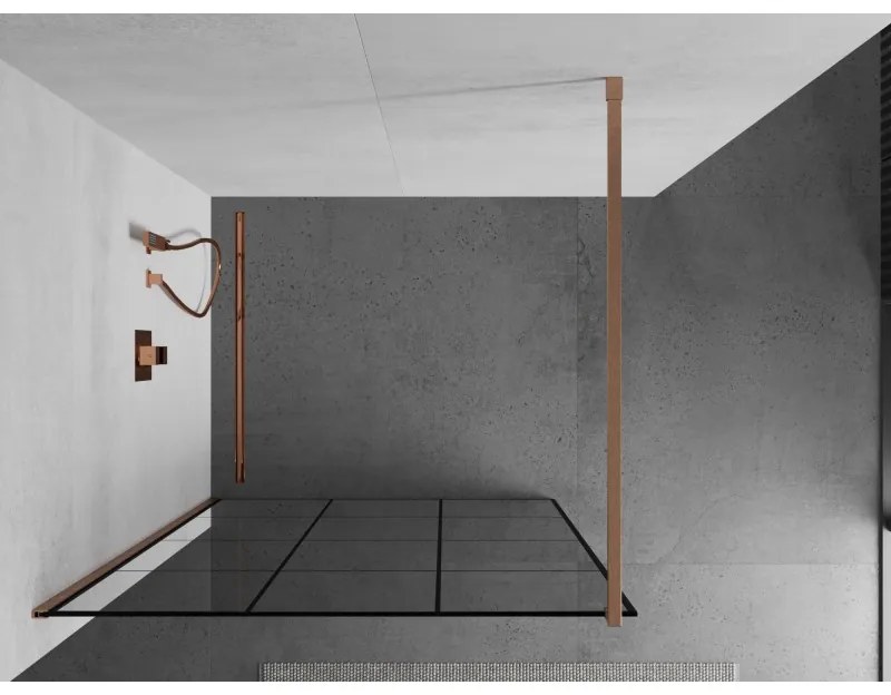 Mexen Kioto, Walk-In zuhanyparaván 120 x 200 cm, 8 mm átlátszó üveg fekete mintás, réz matt profil, 800-120-101-65-77