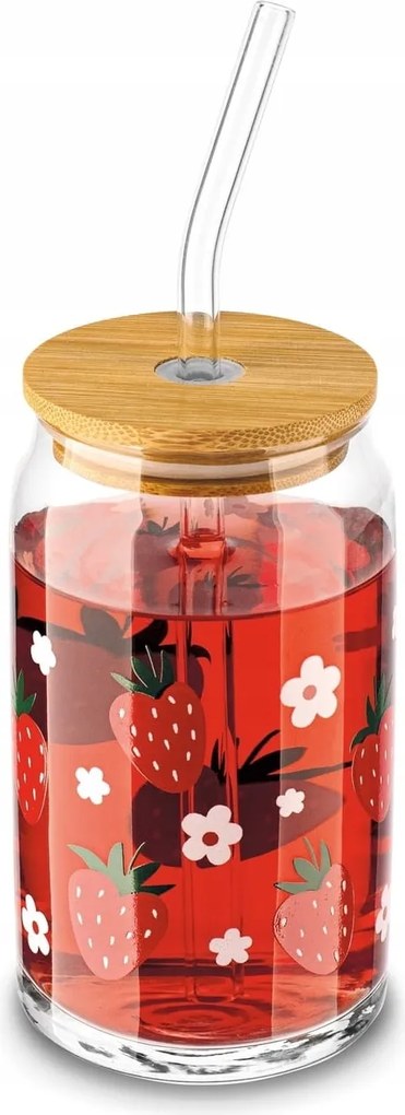 Üvegpohár szívószállal és fa fedéllel eper 450ml