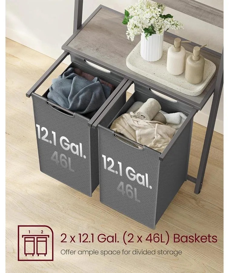 Szennyeskosár, 2 részes szennyestartó létrapolccal, 2 x 46 literes, szürke