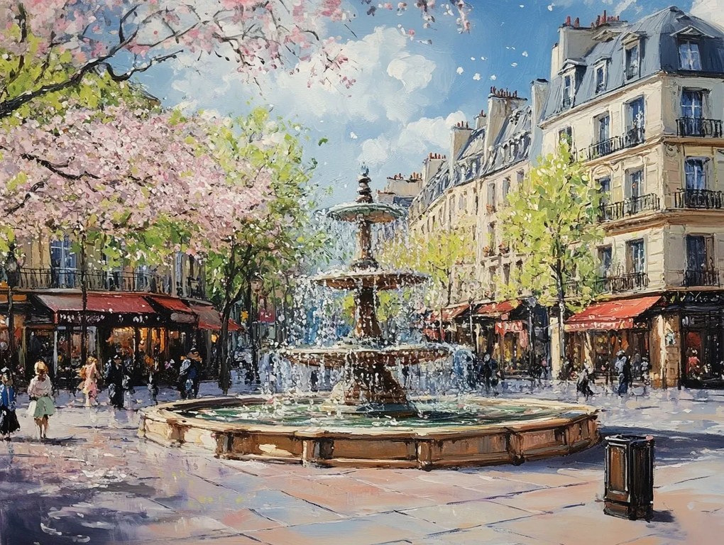 Vászonkép Canvas Város Párizs Tér Szökőkút Kávézó Tavasz 80x60