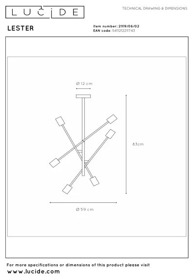Lucide 21119/06/02 - Rúddal szerelt LESTER csillár 6xE27/40W/230V