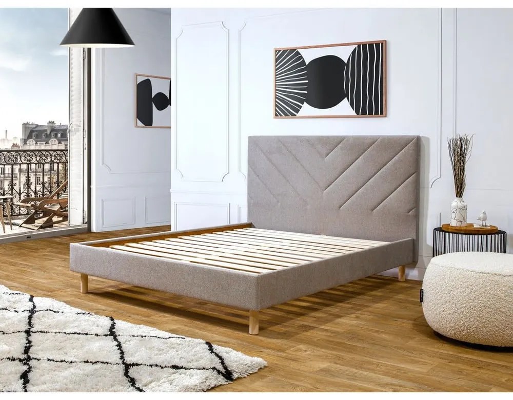 Bézs kárpitozott franciaágy ágyráccsal 160x200 cm Romane – Bobochic Paris