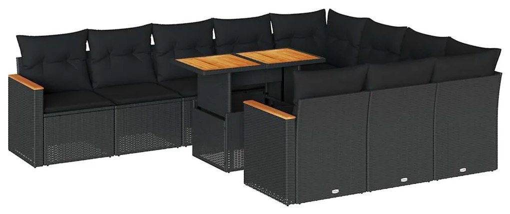 vidaXL 11 részes fekete polyrattan akácfa kerti ülőgarnitúra párnákkal