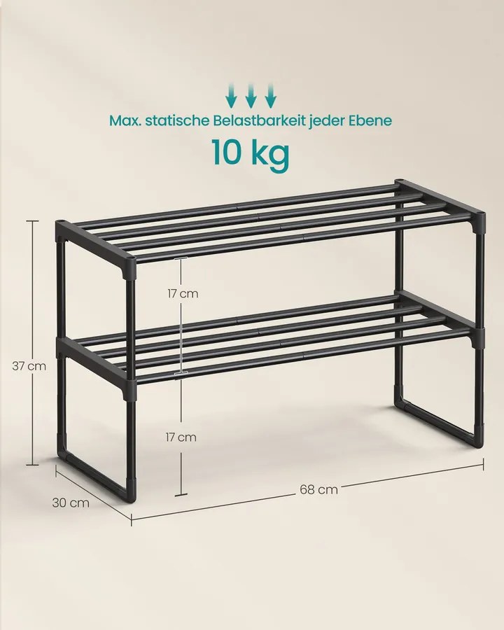 SONGMICS kétszintes fém cipőpolc, 68 cm, egymásba rakható, fekete
