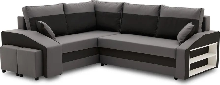 Grande sarokkanapé polcokkal és puffokkal , polc a jobb karfaban puffok a bal karfaban, baloldali, szövet anyag, hab töltet, szürke - fekete