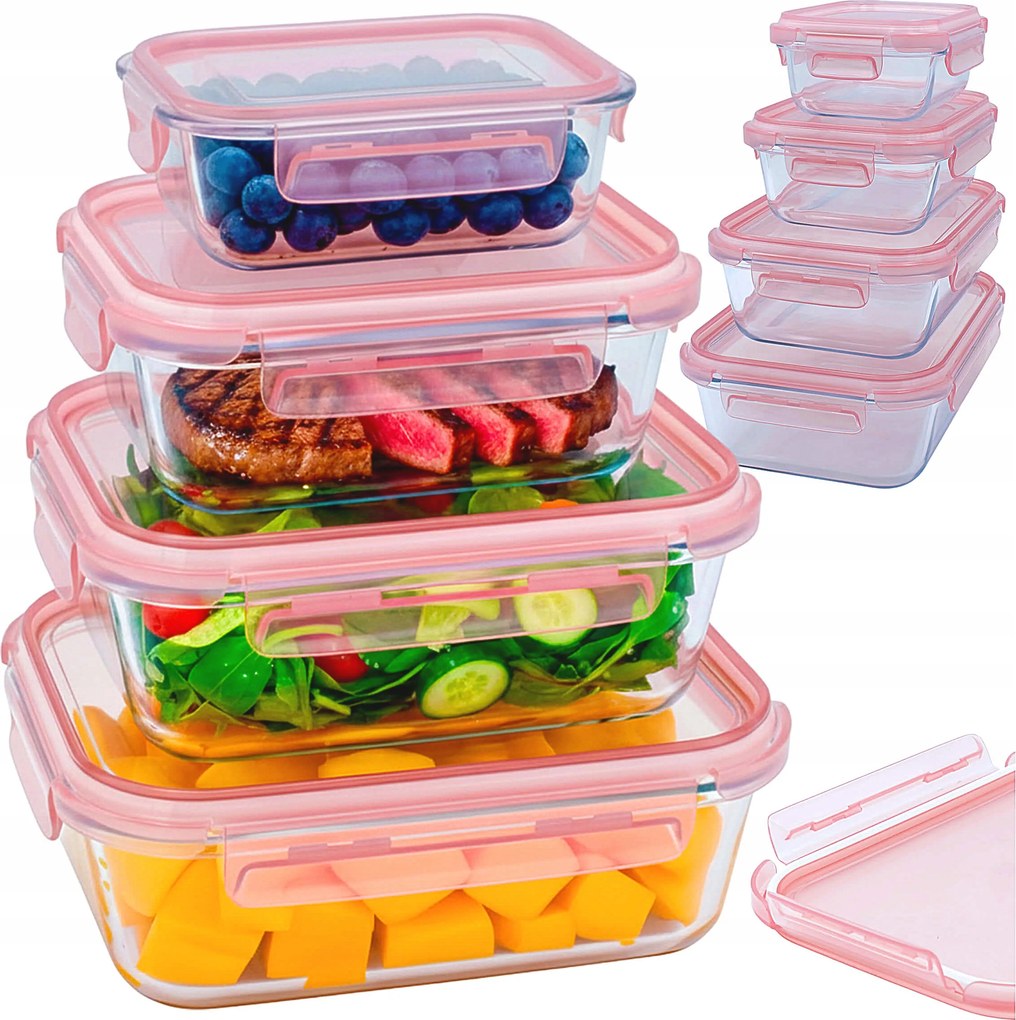 4x Üveg Ételtárolók Ebéddoboz Hőálló fedéllel Hermetikus