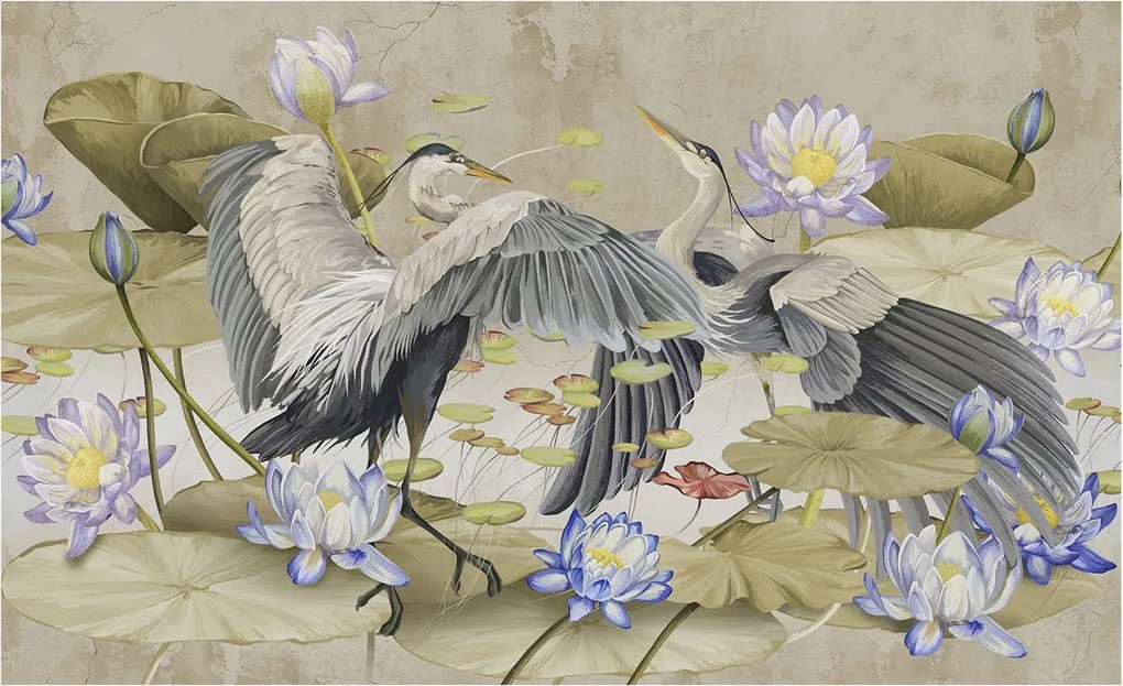 Flizelin tapéta Divatos 3D fali ragasztó Madarak és liliomok 416x254 ragasztó