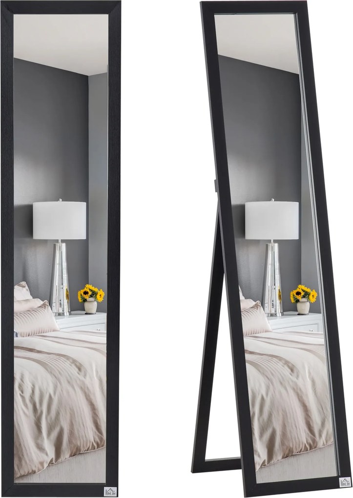HOMCOM Teljes Test Tükör, 154 x 37 cm Fali Tükör Állvánnyal, Álló Tükör Nappaliba, Hálószobába, Fekete | Aosom