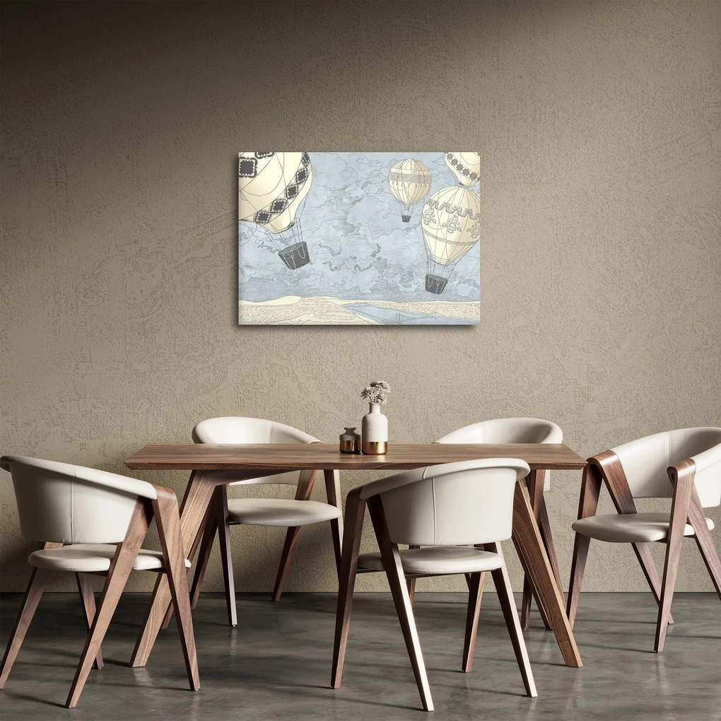 Kép - léggömbök a város felett, hűvös tónusok (70x50 cm)