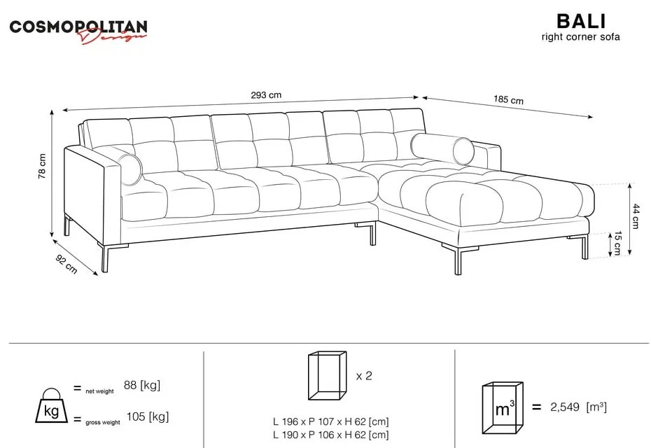 Bali sötétszürke bársony sarokkanapé, jobb oldali - Cosmopolitan Design