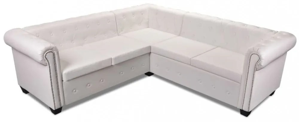 5 személyes fehér műbőr Chesterfield sarokkanapé