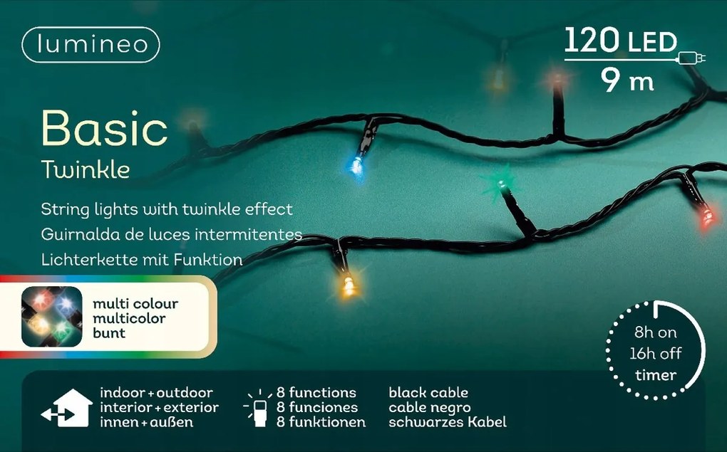 Karácsonyi fényfüzér 120 Led 9m fekete többszínű vaku 8 funkció