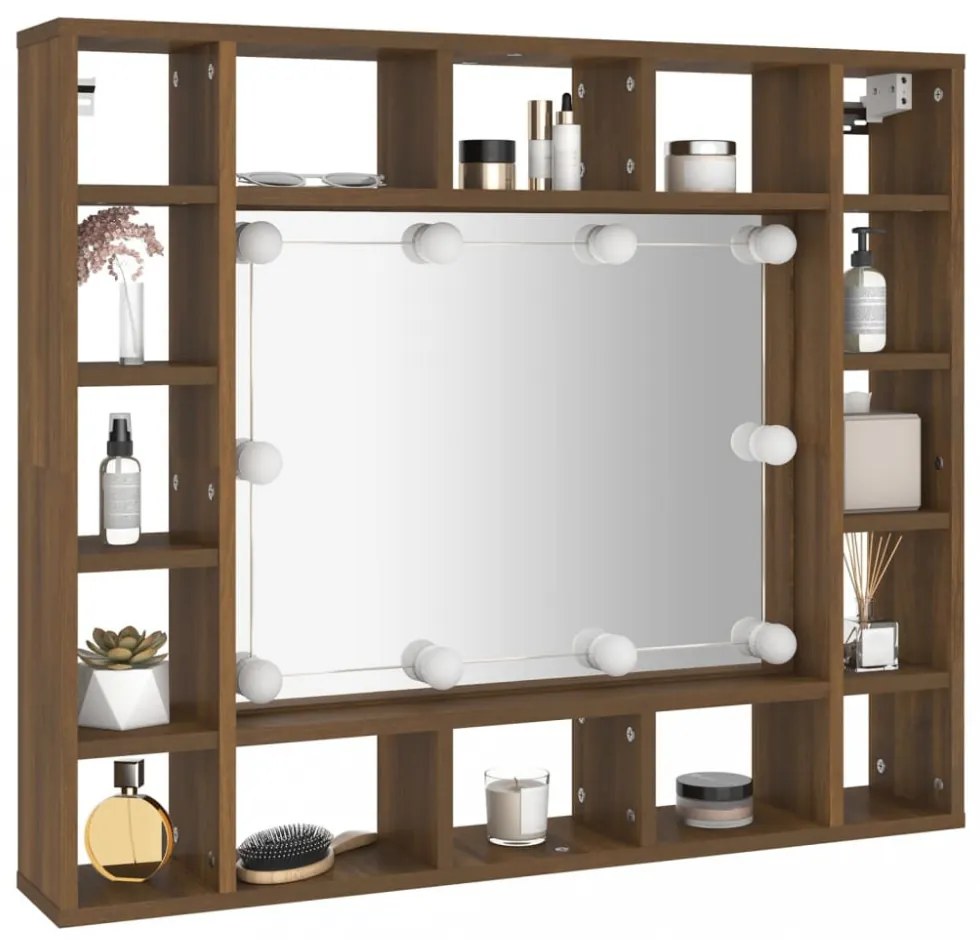 barna tölgy színű tükrös szekrény LED-ekkel 91 x 15 x 76,5 cm