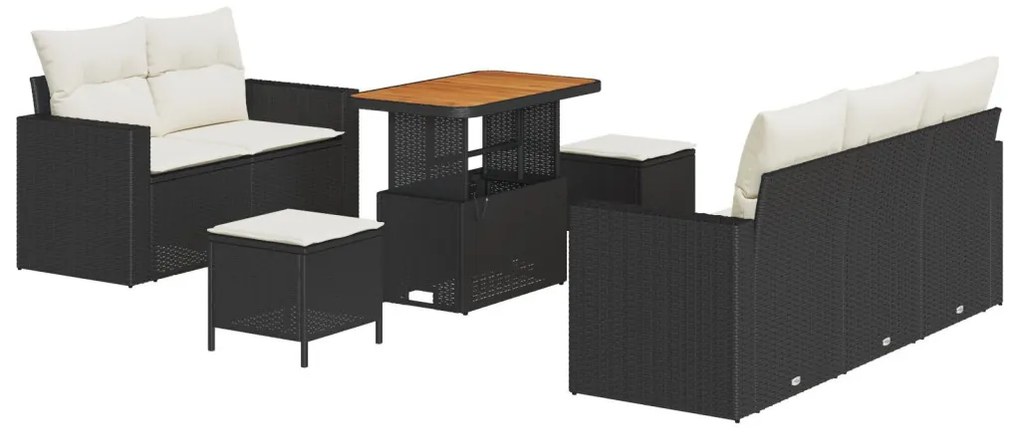 8 Részes Kerti Kanapé Szett Párnával Fekete Poli Rattan Akácia, 3 Részes Kerti Étkező Szett Párnával Fekete Poli Rattan Akácia