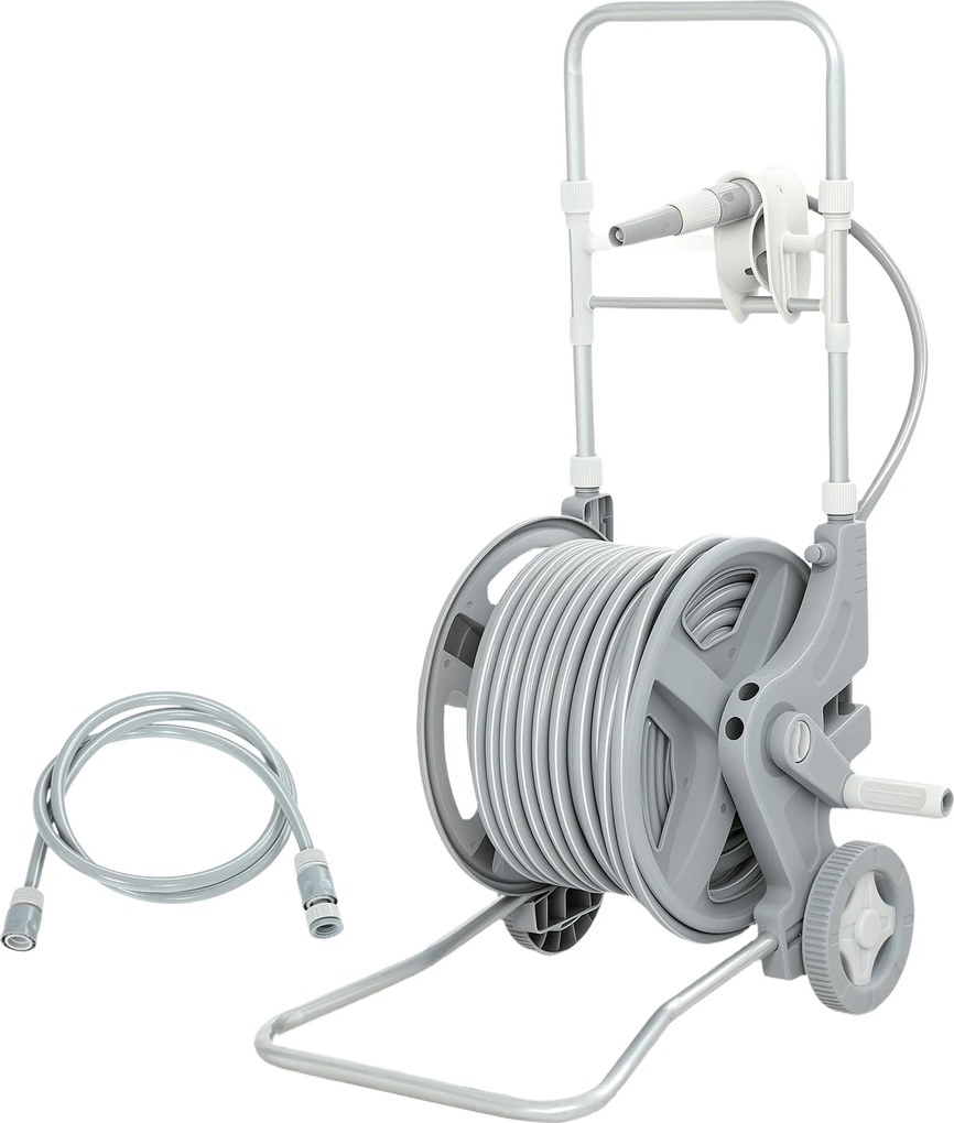 Outsunny tömlőkocsi 45 m tömlővel, 2-funkciós szórófejjel, csapcsatlakozóval és kézi csévélővel — szürke | Aosom