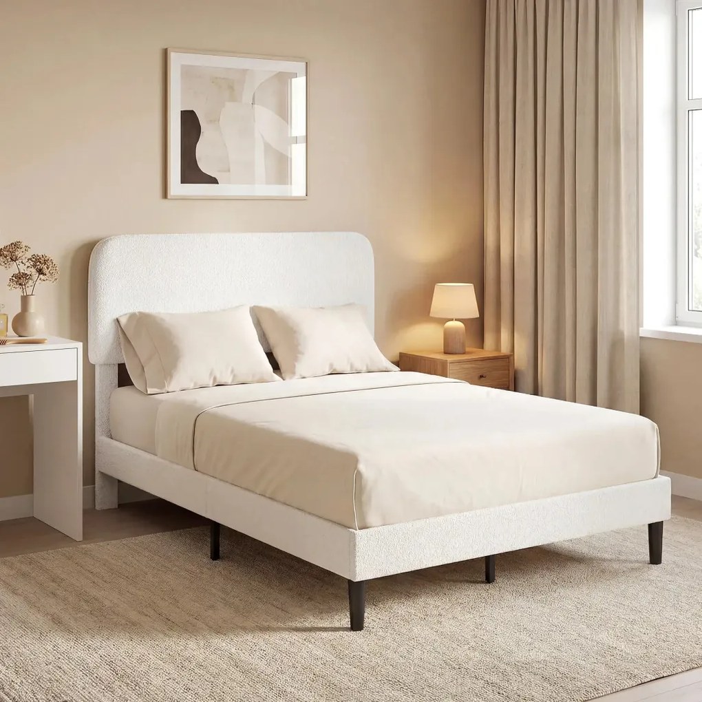 HOMCOM Ágy 140x200 cm Ágykeret állítható kárpitozott teddy fleece fejtámlával, fehér