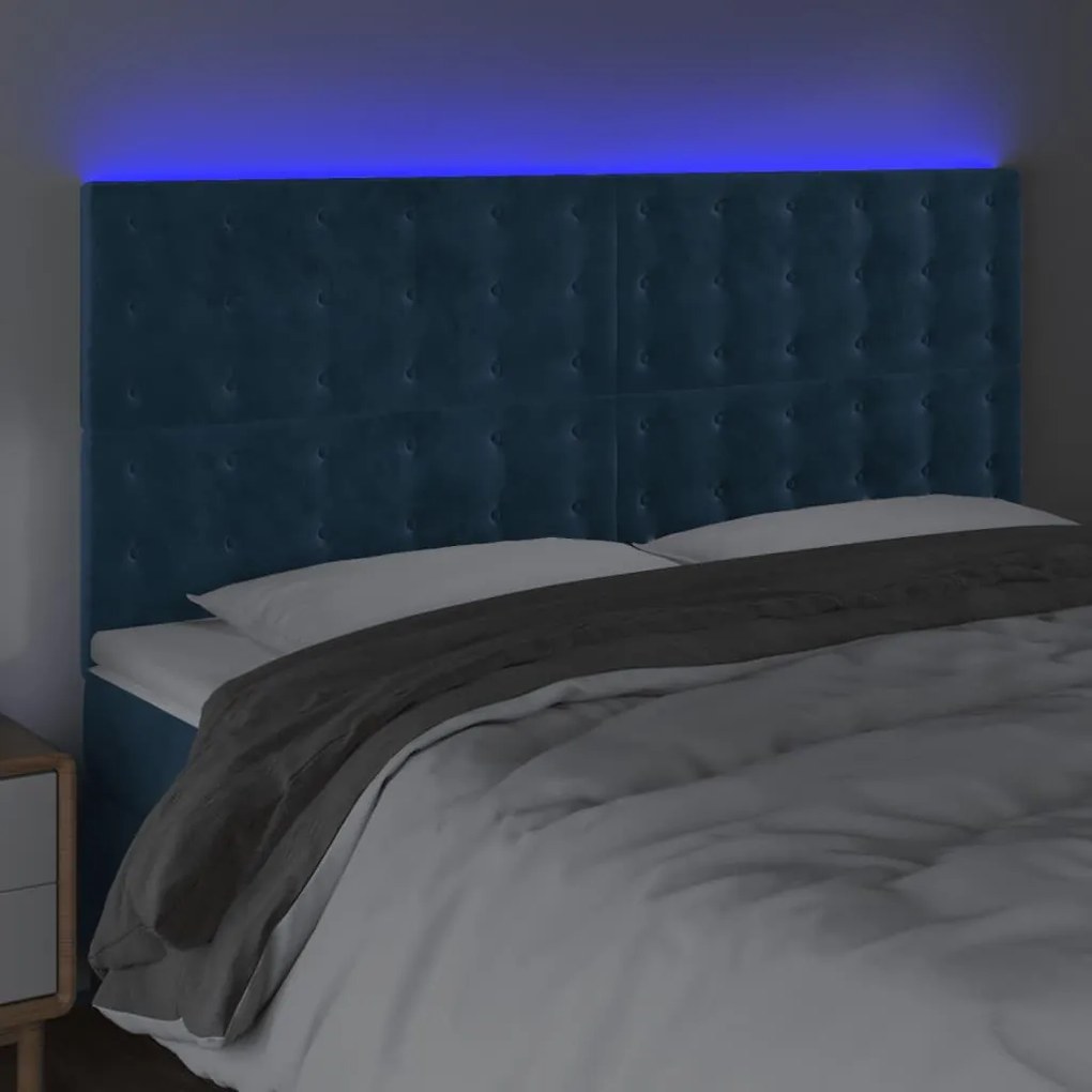sötétkék bársony LED-es fejtámla 160x5x118/128 cm